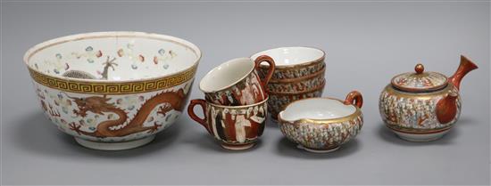 A group of Kutani tea ceremony wares and a dragon bowl diameter 18cm